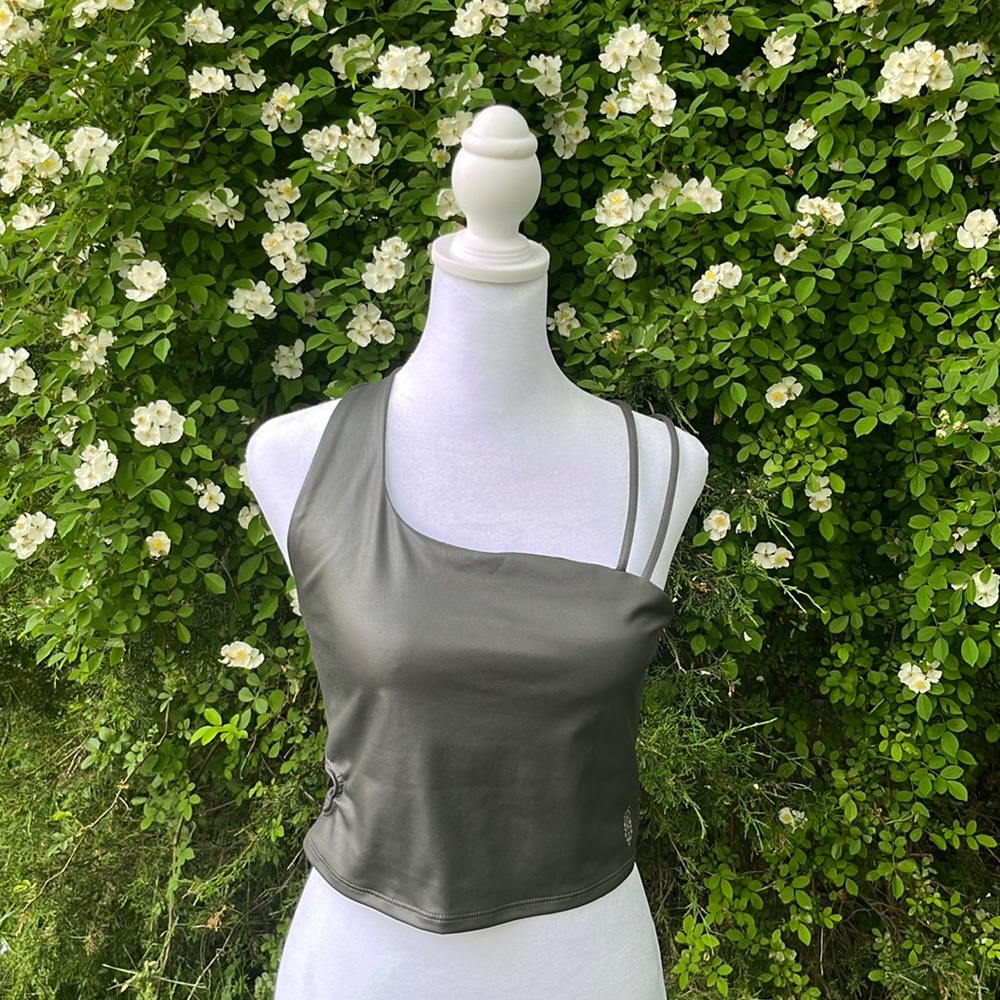 NWOT fp movement DARK GREY Strappy Faux leather? Metallic Crop Top Sports Bra